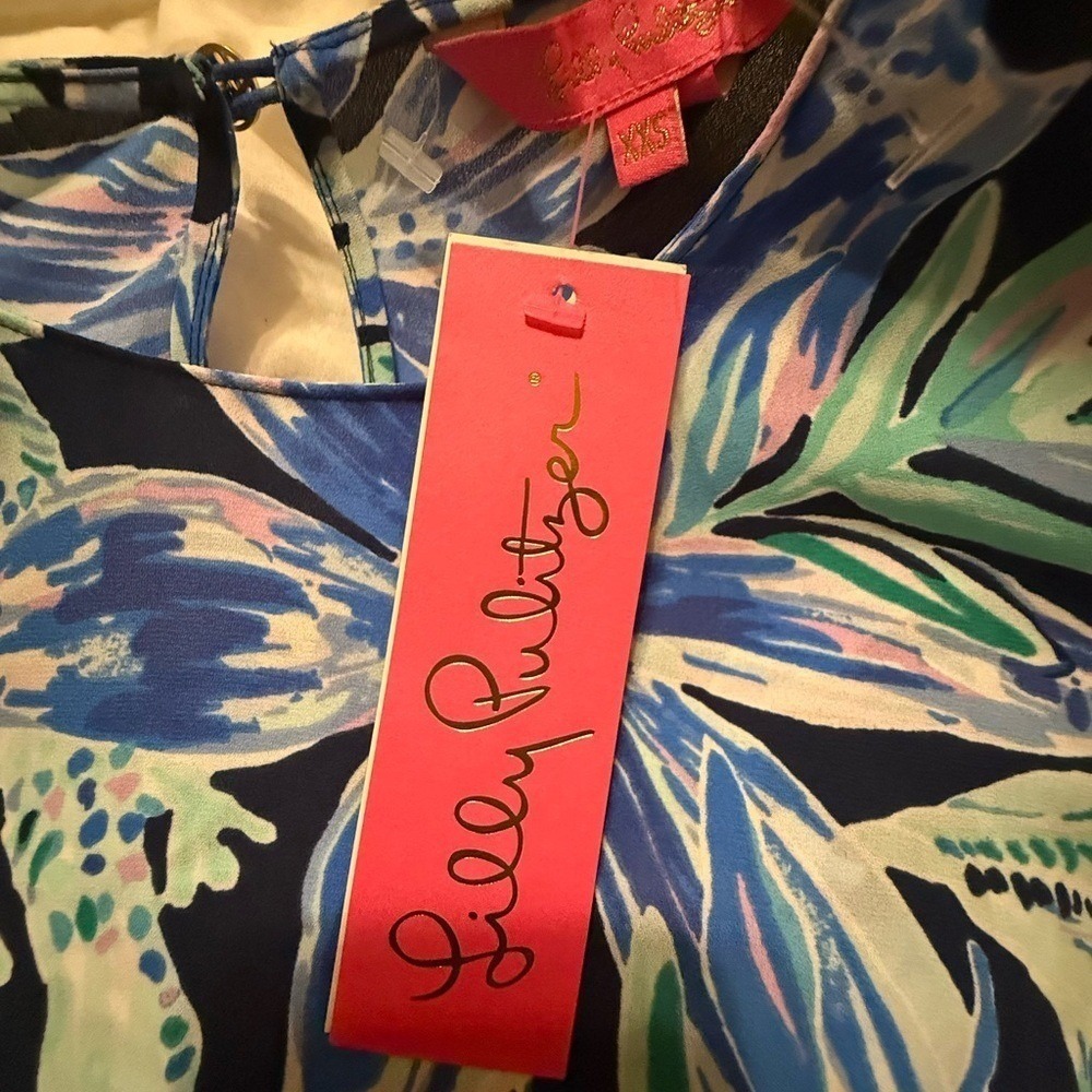 Lilly Pulitzer Blouse Womens XXS Navy Tropical Floral Ruffle Bell Sleeve NEW